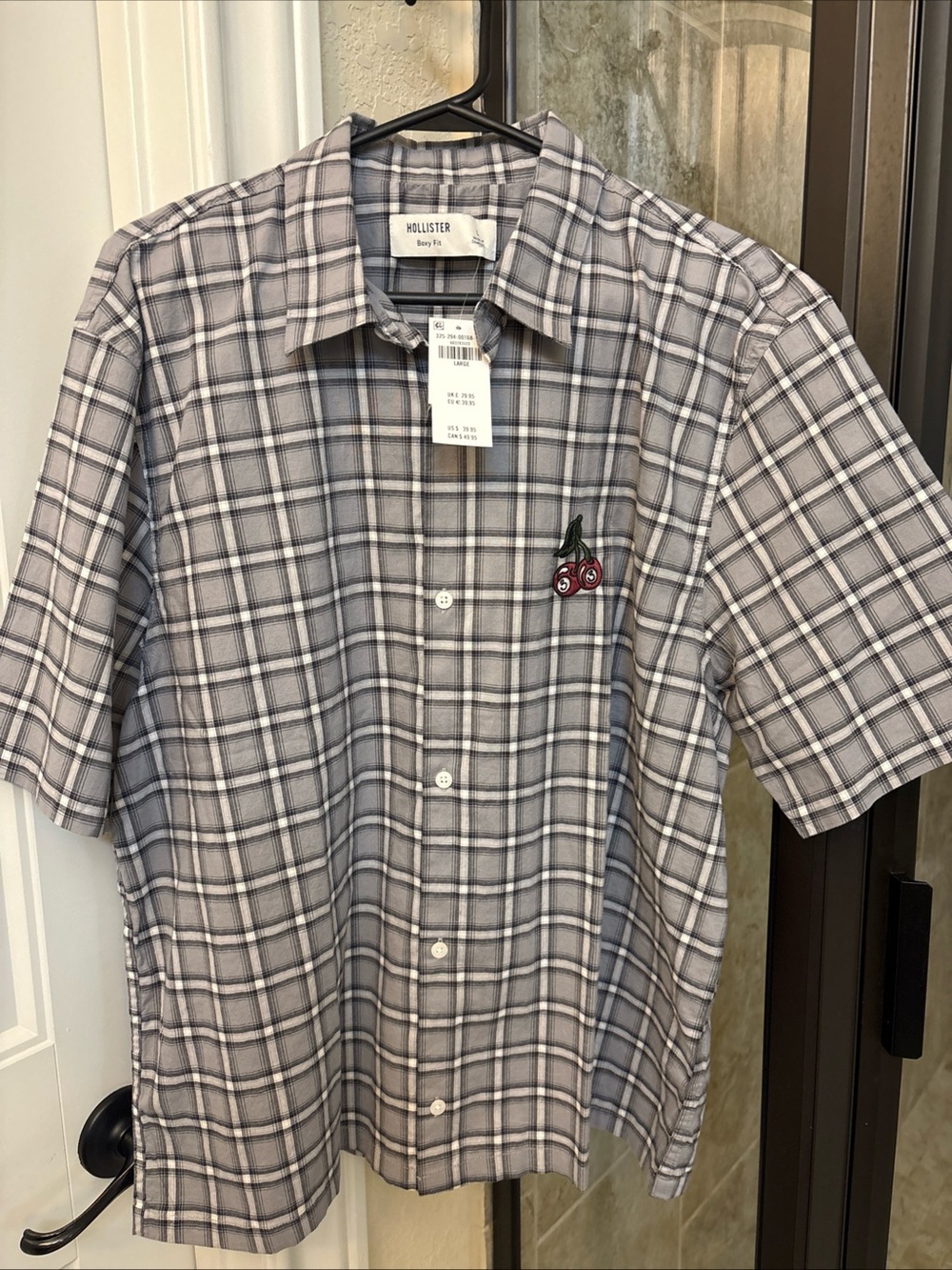 Hollister Gray Plaid Short-Sleeve Button-Down with Cherry Patch